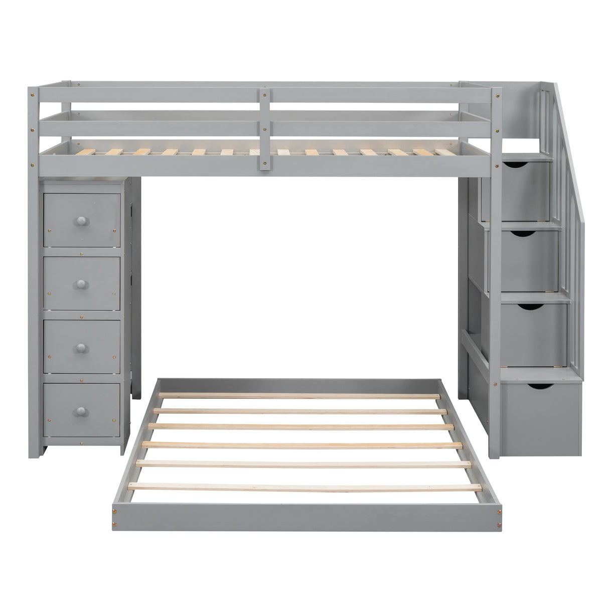 Twin Over Full Bunk Bed with 3-layer Shelves, Drawers and Storage Stairs, Gray - Home Elegance USA