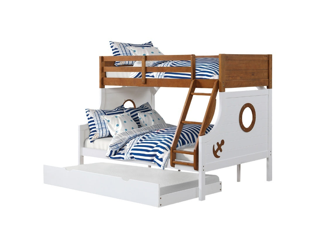 Modern Novelty Style Twin Over Full Bunk Bed With Attached Angled Ladder Rails And Lock Joint Structure For Safety Oak Finish Upper Bed White Finish Lower Bed Trundle Included - sold by Home Elegance USA