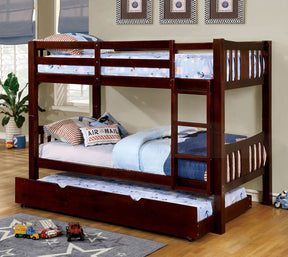Twin Over Twin Transitional Style Bunk Bed Dark Walnut Finish Attached Ladder Rails And Lock Joint Structure Trundle-Included Espresso Finish - sold by Home Elegance USA