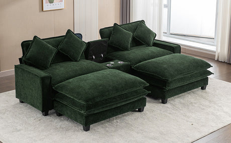 Chenille Upholstered 111' Sectional Sofa with Two Removable Ottomans, USB Ports, Cup Holders, and Storage, Green - sold by Home Elegance USA