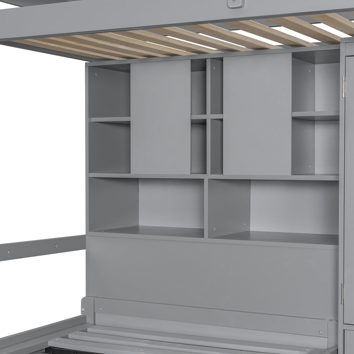 Twin Bunk Bed with Drawers, Wardrobe, Storage Shelves and Hydraulic Bed,Gray - sold by Home Elegance USA