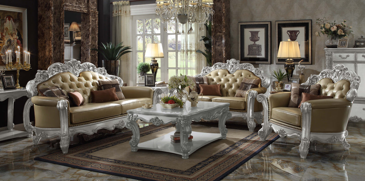 Acme - Vendome Sofa W/4 Pillows 53000B Bone Synthetic Leather & Silver Patina Finish