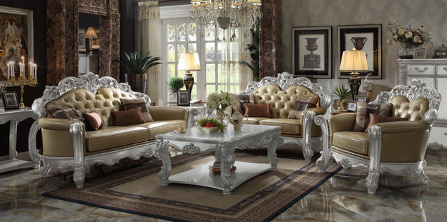 Acme - Vendome Loveseat W/3 Pillows 53001B Bone Synthetic Leather & Silver Patina Finish