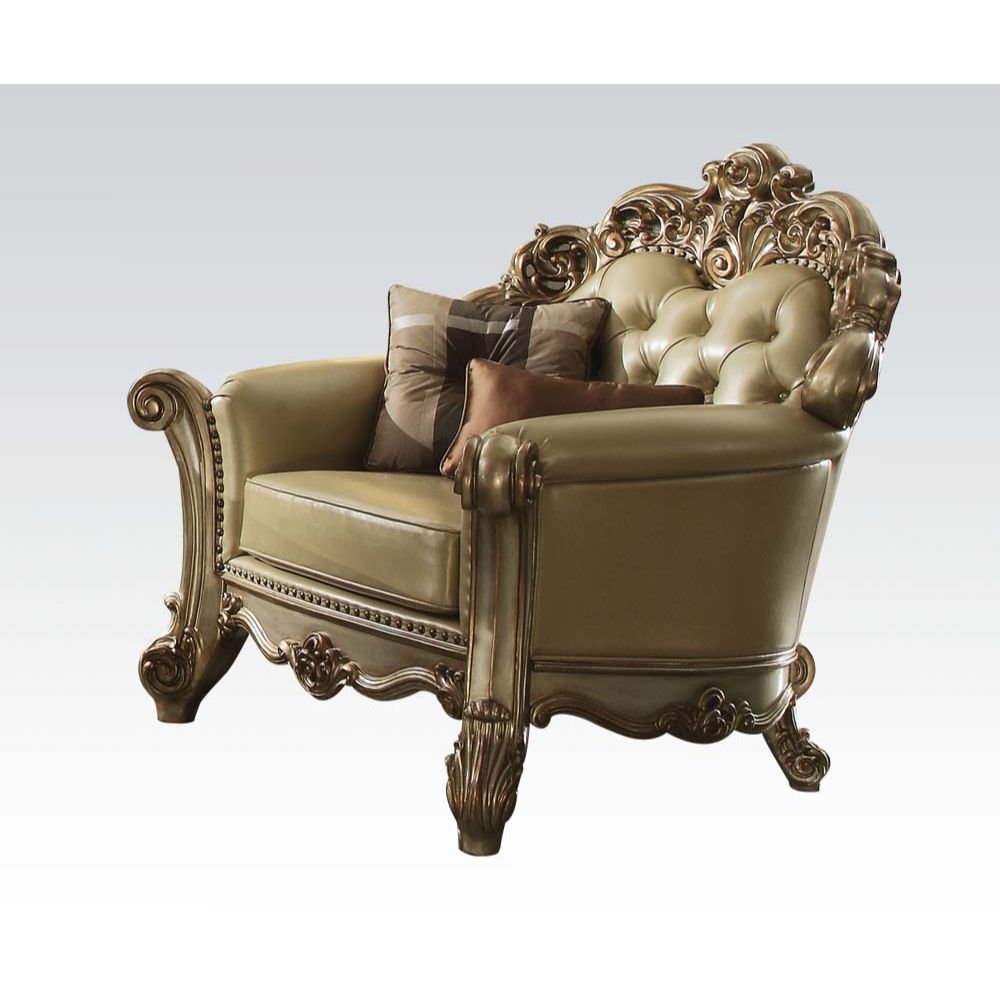 Acme - Vendome Chair W/2 Pillows 53002 Bone Synthetic Leather & Gold Patina Finish