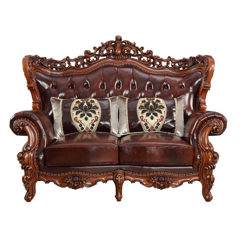 Acme - Eustoma Loveseat 53066 Cherry Top Grain Leather Match & Walnut Finish