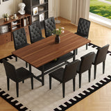 Table and chair set.71*35.4 inch Walnut Grain Spliced Dining Table With Storage Function In The Middle Of The Table Legs.Paired with 8 black PU dining chairs with ergonomic buckle backrest.