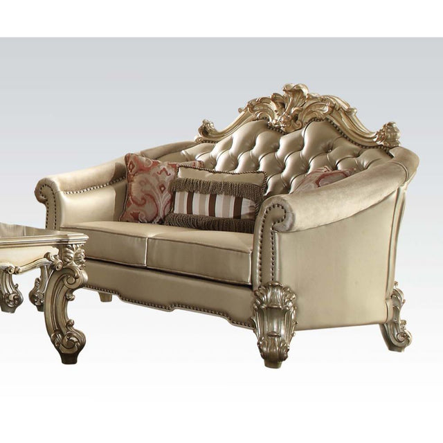 Acme - Vendome II Loveseat W/3 Pillows 53121 Bone Synthetic Leather & Gold Patina Finish