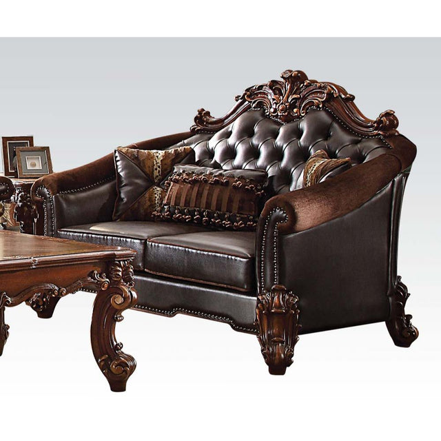 Acme - Vendome II Loveseat W/3 Pillows 53131 Two Tone Dark Brown Synthetic Leather & Cherry Finish