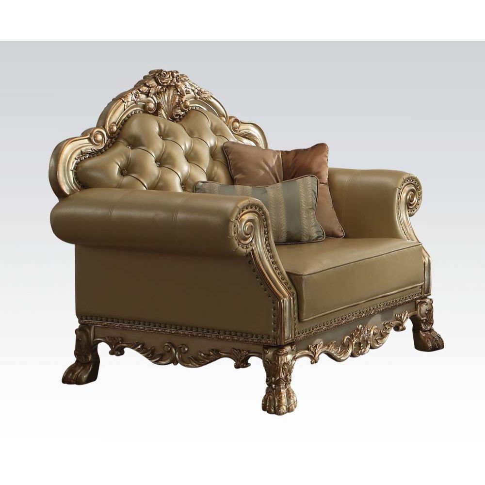 Acme - Dresden Chair W/2 Pillows 53162 Bone Synthetic Leather & Gold Patina Finish