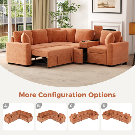 120.5' L-shaped Convertible Sofa Bed Modular Sectional Sofa Reversible Sleeper with Pull-Out Bed, Cup Holders, and Ample Storage Space for Living Room(Old SKU:N719S001940G), Orange - sold by Home Elegance USA
