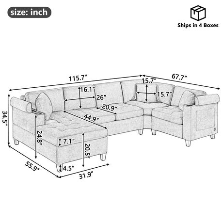 Modern U-shaped Sectional Sofa 115.7' Corner Living Room Couch with Built-in Cup Holders, Storage, USB Ports in Light Grey Chenille Fabric - sold by Home Elegance USA