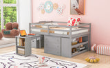 Full Size Loft Bed with Retractable Writing Desk and 3 Drawers, Wooden Loft Bed with Storage Stairs and Shelves, Gray - Home Elegance USA