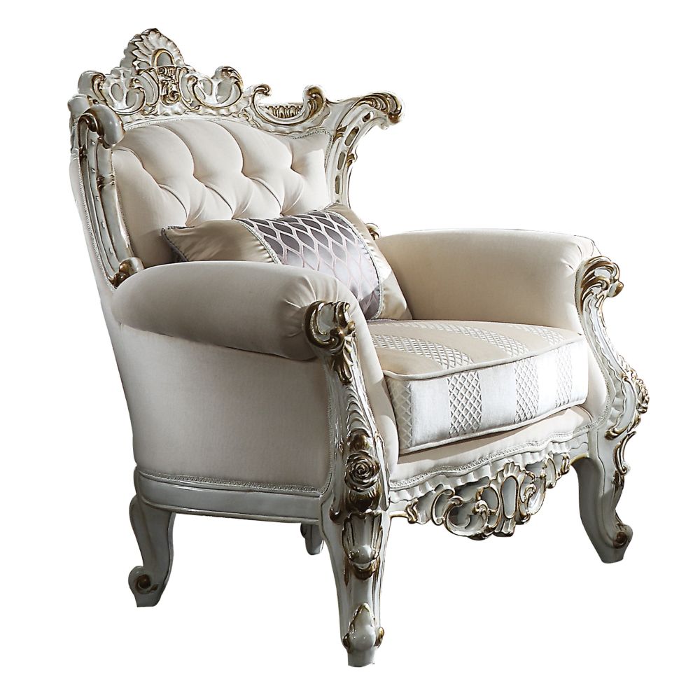 Acme - Picardy II Chair W/Pillow 53462 Fabric & Antique Pearl Finish