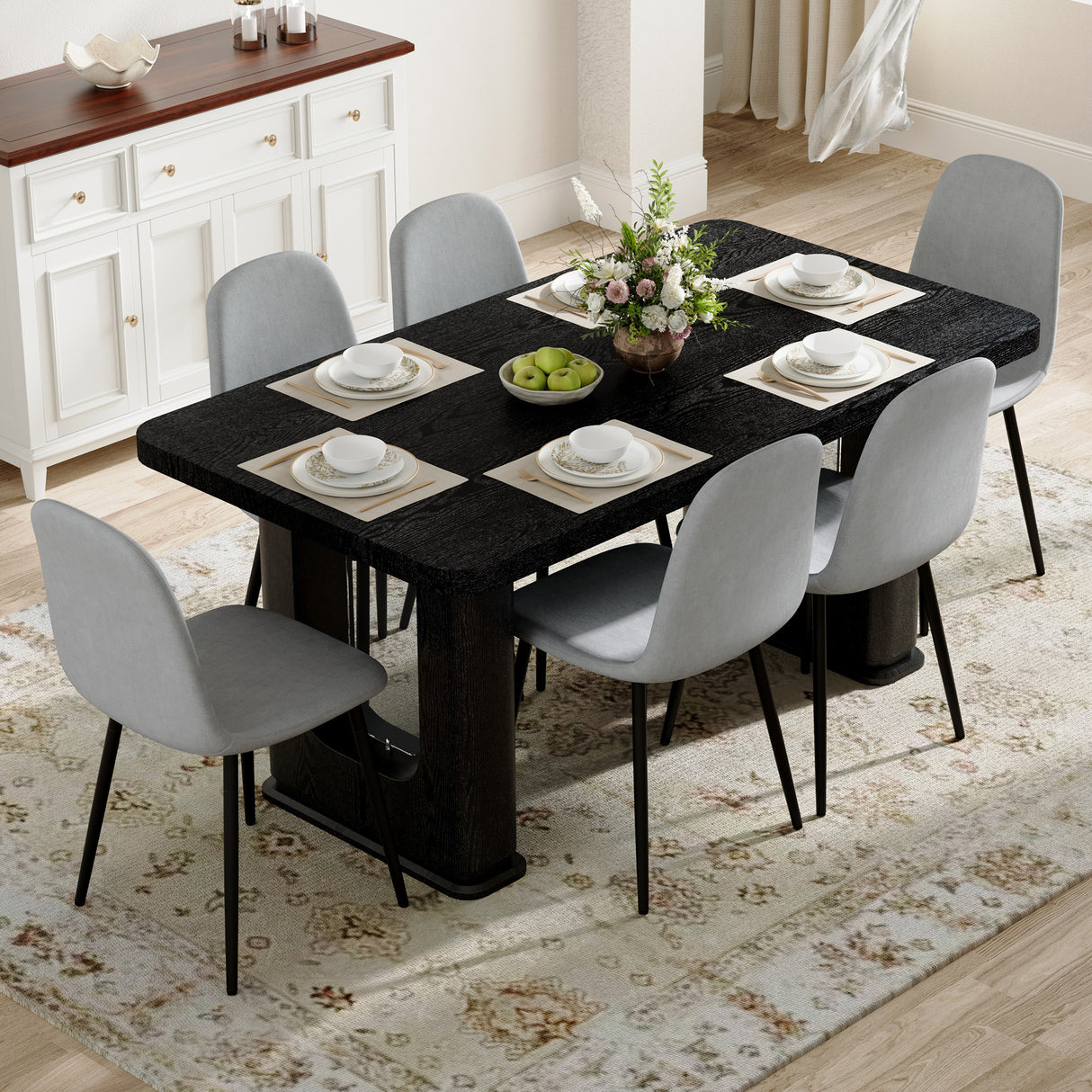 Table and chair set.64.5 x 35.4 Inch Stylish Black Wood Color Textured Dining Table.Paired with 6 Light Gray Linen-Cotton Material High Resilience Dining Chair with Metal Leg.