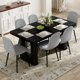 Table and chair set.64.5 x 35.4 Inch Stylish Black Wood Color Textured Dining Table.Paired with 6 Light Gray Linen-Cotton Material High Resilience Dining Chair with Metal Leg.