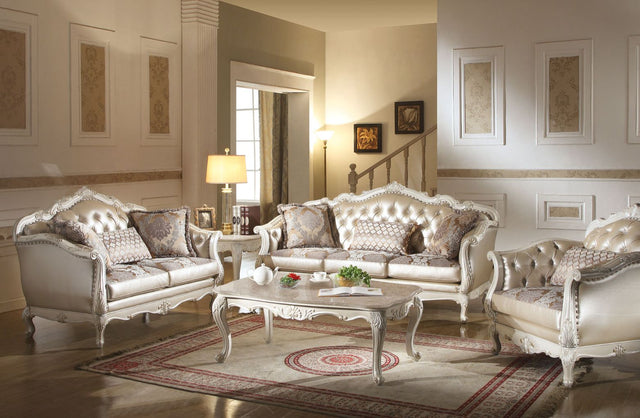 Acme - Chantelle Sofa W/3 Pillows 53540 Rose Gold Synthetic Leather /Fabric & Pearl White Finish