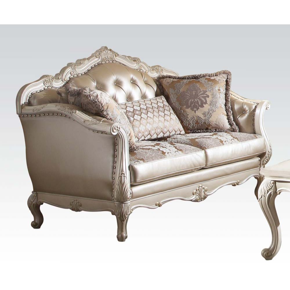 Acme - Chantelle Loveseat W/3 Pillows 53541 Rose Gold Synthetic Leather /Fabric & Pearl White Finish