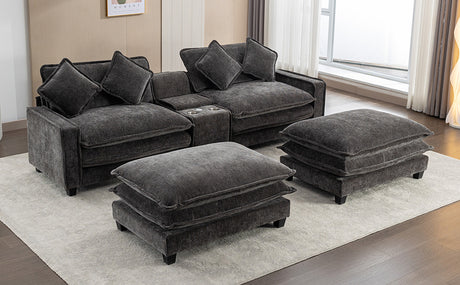 Modern Chenille Upholstered Sectional Sofa with Ottomans, USB Ports, Cup Holders, and Storage in Grey - sold by Home Elegance USA