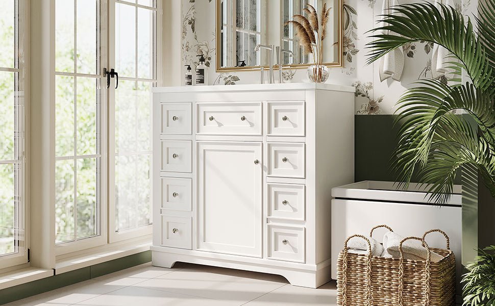 36" Bathroom Vanity with Sink Combo, One Cabinet and Six Drawers, Solid Wood and MDF Board, White - SY999404AAK - image - 10