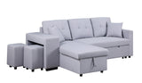 Dennis Light Gray Linen Fabric Reversible Sleeper Sectional with Storage Chaise and 2 Stools | Home Elegance USA