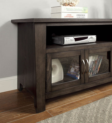 Transitional Style TV Console Base With Dual Cabinet And Two Open Shelves 3mm Tempered Glass On Cabinet Doors Rear Wearing Access Gray Finish - sold by Home Elegance USA