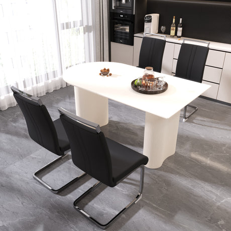 63 'medieval modern cream style MDF dining table and PU armless dining chair set 4. Assemble Desktop and Silver plated metal leg dining chair set, suitable for home&kitchen - sold by Home Elegance USA