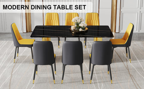 Table and chair set.The table has a glass top with imitation marble pattern stickers and stainless steel golden legs. Paried with 8 Orange and Dark Gray Spliced Color PU Dining Chairs. - sold by Home Elegance USA