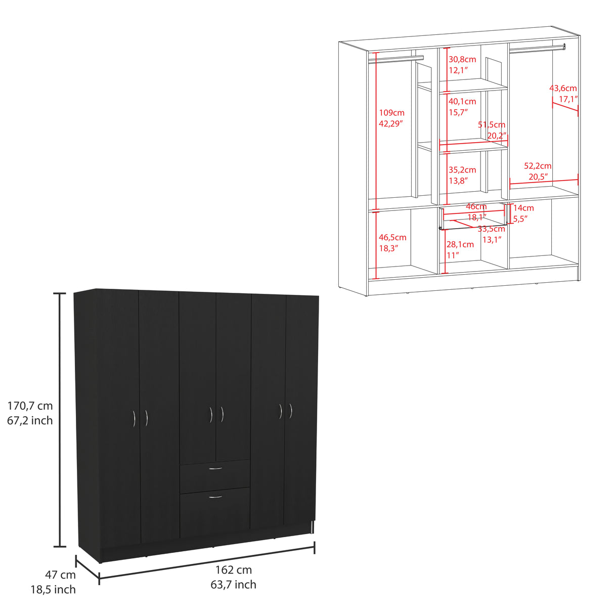 Six Doors Armoire Maya, Bedroom, Black / White - sold by Home Elegance USA