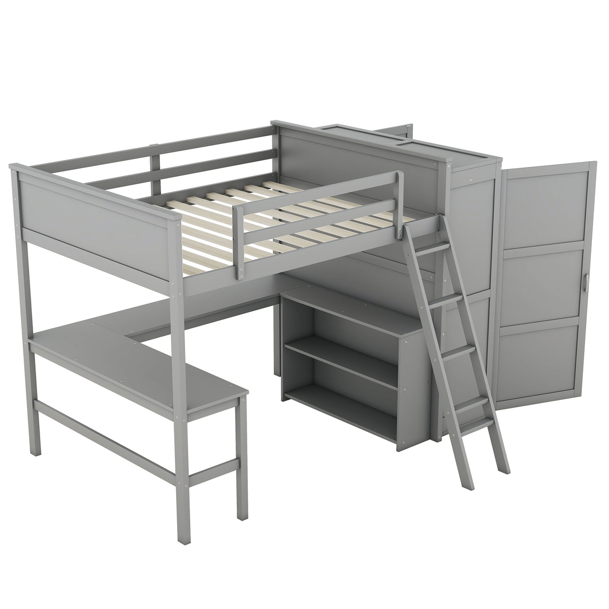 Full size Loft Bed with Desk, Shelves and Wardrobe-Gray - Home Elegance USA