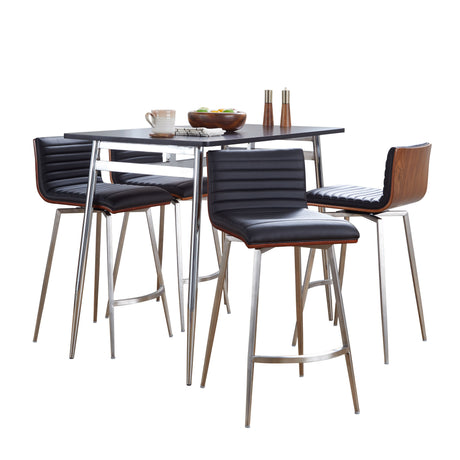 Marcel-Mason Swivel Contemporary Counter Height Dining Set in Chrome Metal with Black Wood Tabletop and Stainless Steel, Walnut Wood with Black Faux Leather by LumiSource - 5 Piece - sold by Home Elegance USA