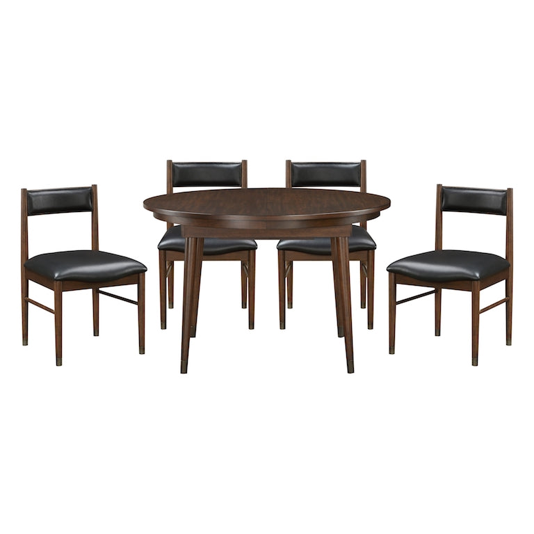 Dining table set with four chairs on a white background
