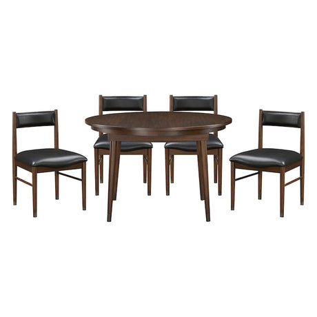 Dining table set with four chairs on a white background
