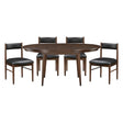 Dining table set with four chairs on a white background