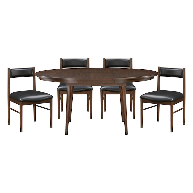Dining table set with four chairs on a white background
