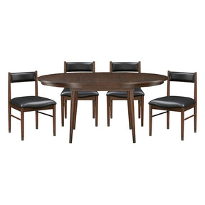 Dining table set with four chairs on a white background