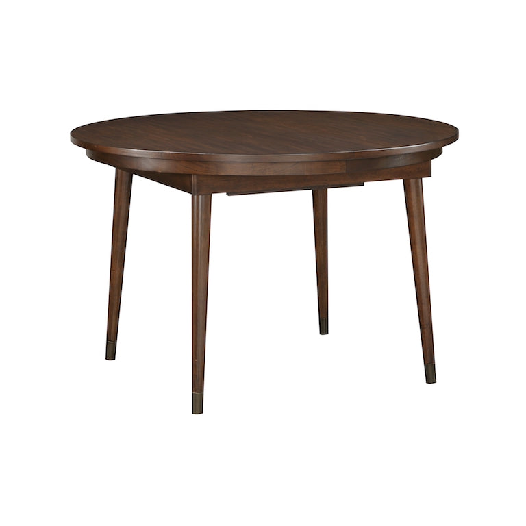 Round wooden dining table on a white background