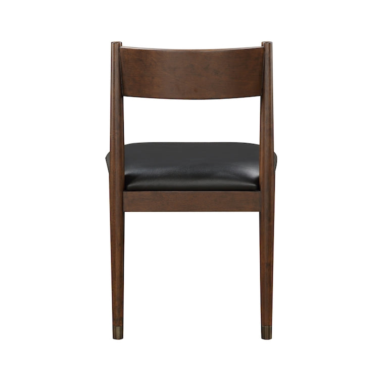 Brown wooden chair with black cushioned seat on a white background