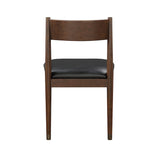 Brown wooden chair with black cushioned seat on a white background