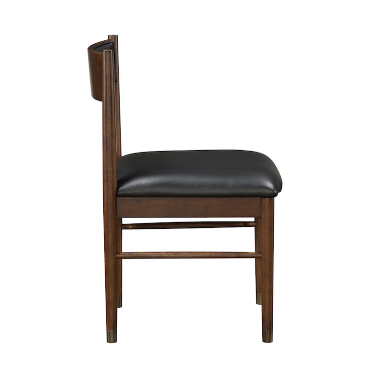 Wooden chair with black cushioned seat on a white background