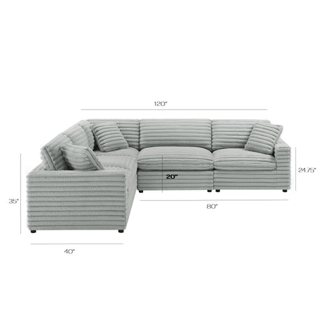 Jenny 5-Piece Sectional in Plush Polyester Cord-Like Fabric, Gray - sold by Home Elegance USA