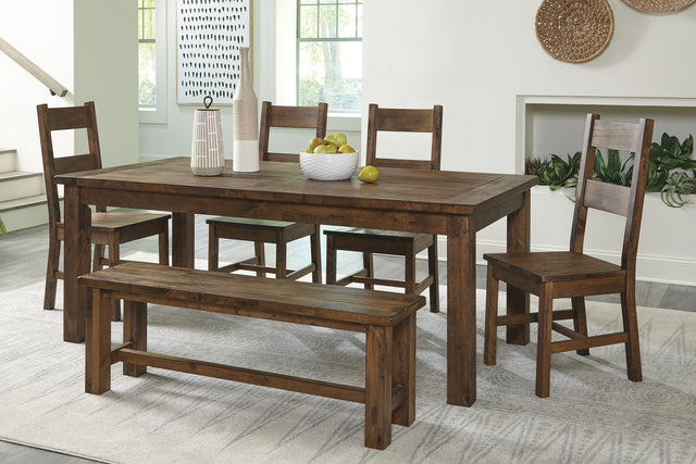 Classic Dining 6pc Set Table Bench 4x Side Chairs Set Solid Rubber Wood Furniture Burnished Brown Finish