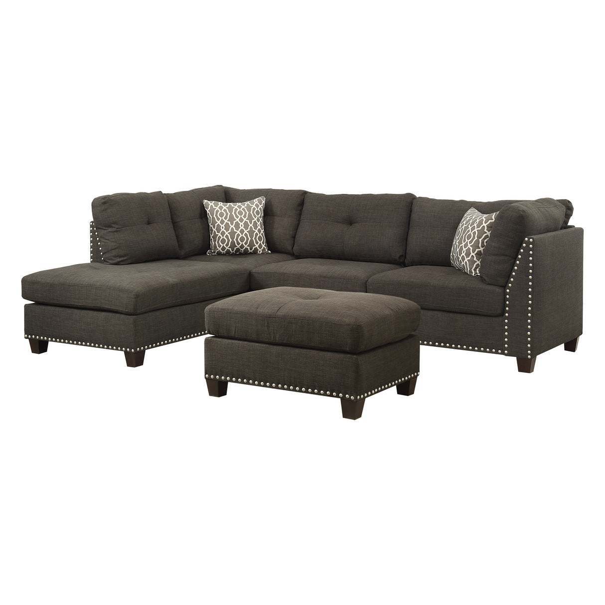 Acme - Laurissa Sectional Sofa & Ottoman W/2 Pillows 54370 Charcoal Linen