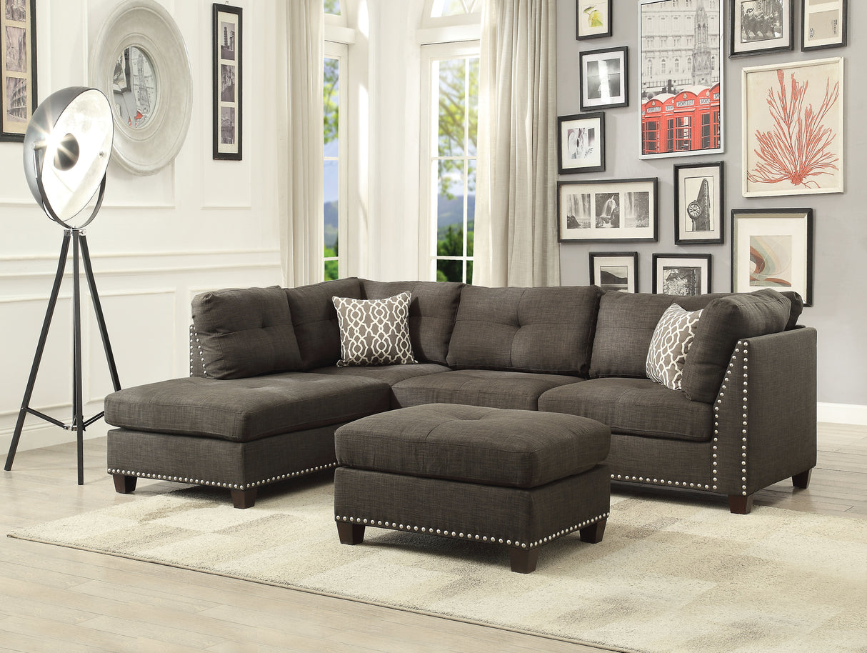 Acme - Laurissa Sectional Sofa & Ottoman W/2 Pillows 54370 Charcoal Linen