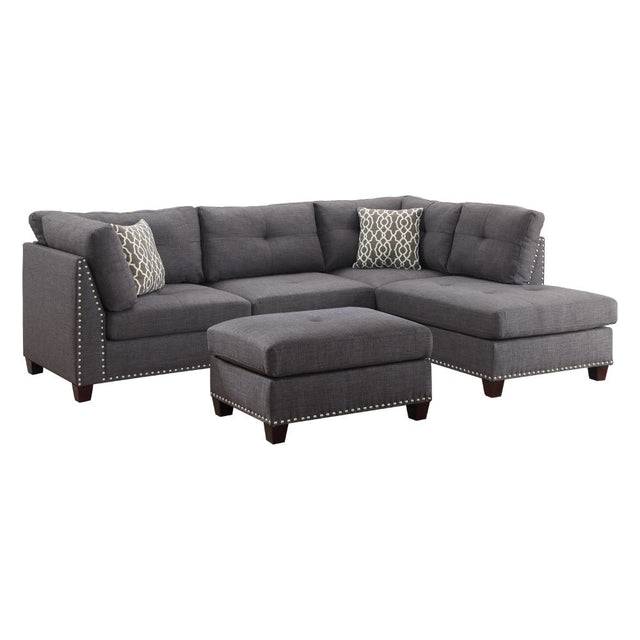 Acme - Laurissa Sectional Sofa & Ottoman W/2 Pillows 54385 Light Charcoal Linen