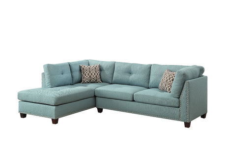 Acme - Laurissa Sectional Sofa & Ottoman W/2 Pillows 54390 Light Teal Linen