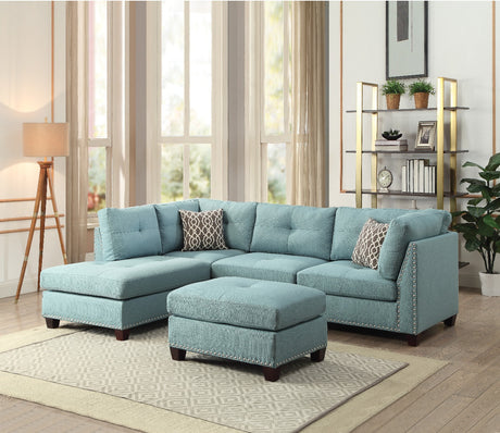 Acme - Laurissa Sectional Sofa & Ottoman W/2 Pillows 54390 Light Teal Linen