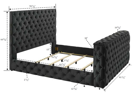 Luxurious King Size Bed Nightstand Set Deeply Tufted Headboard Upholstery Black Velvet Footboard Integrated Television Lift Mechanism Storage 3pc Set - sold by Home Elegance USA