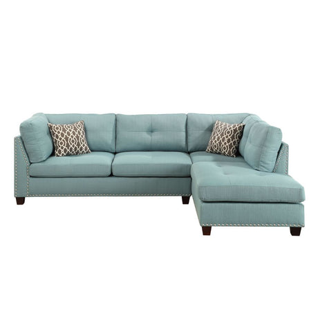 Acme - Laurissa Sectional Sofa & Ottoman W/2 Pillows 54395 Light Teal Linen