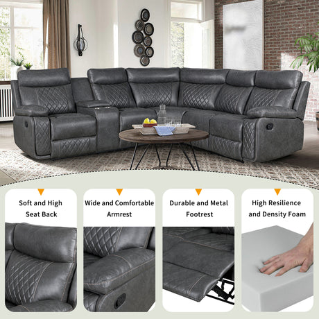Home Theater Seating Manual Recliner with Cup Holder, Hide-Away Storage PU Reclining Sofa for Living Room, Home Theater, Gray - sold by Home Elegance USA