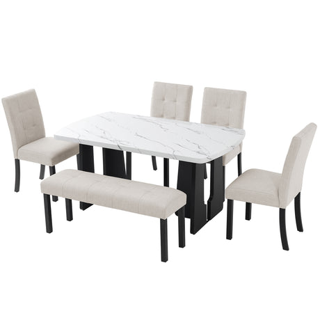 6 Piece Modern Dining Table Set, 63' Faux Marble Dining Table with Geometric Legs & 4 Upholstered Chairs & 1 Bench, Suitable for Dining Kitchen Room,Easy to Assemble, Beige + White - sold by Home Elegance USA